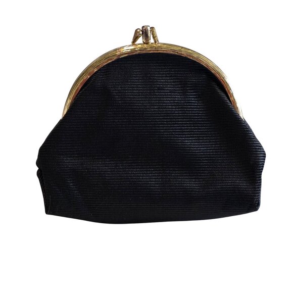 Vtg Nipon Black Micro Mini Clutch Coin Purse Mirror Gold Clam Ribbed 40s Minimal - Picture 2 of 9